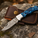 Handmade Damascus Steel Folding Knife | Blue Resin Handle