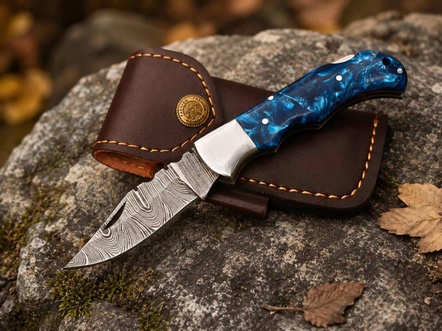 Handmade Damascus Steel Folding Knife | Blue Resin Handle