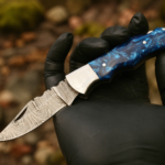 Handmade Damascus Steel Folding Knife | Blue Resin Handle