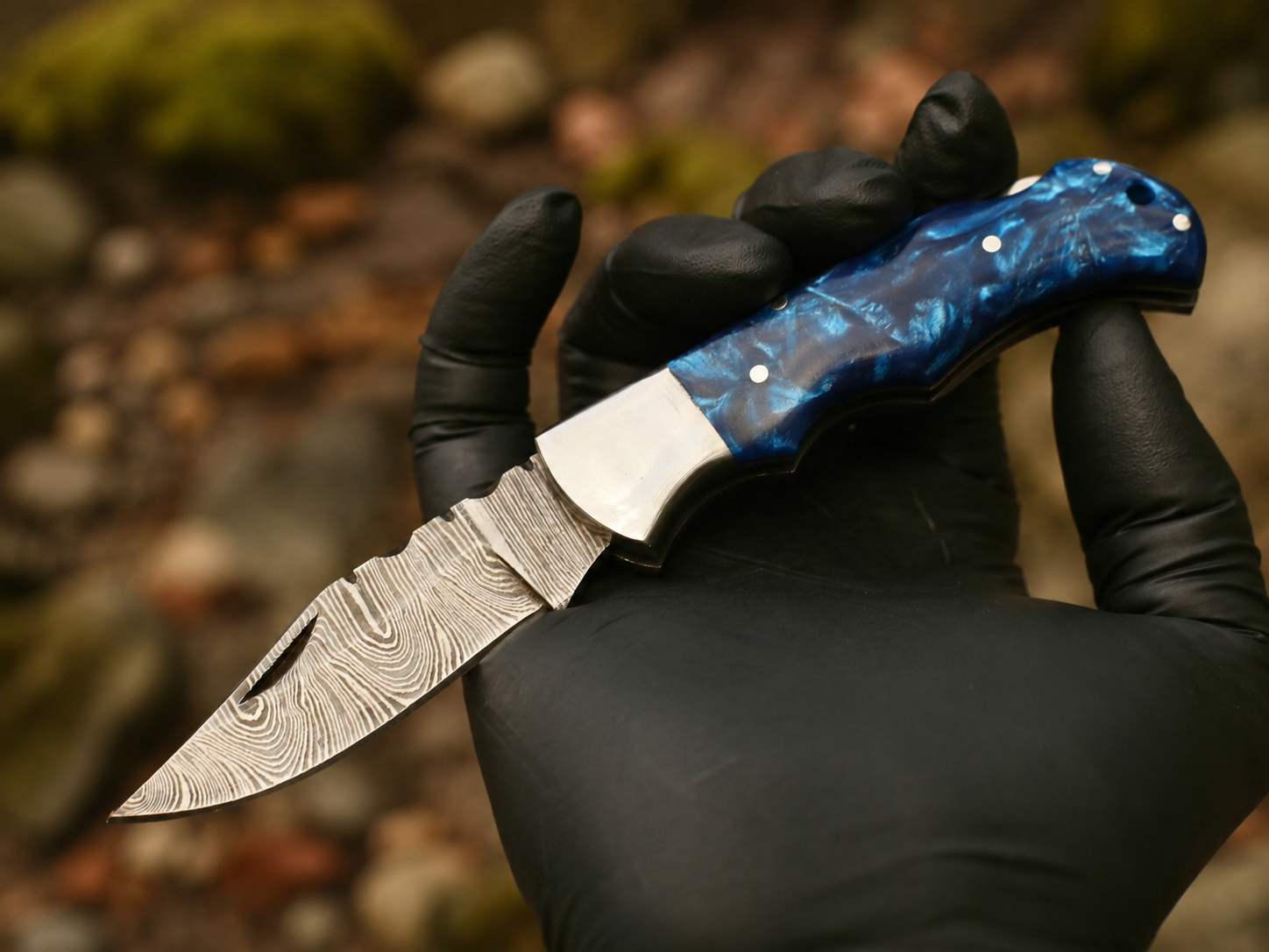 Handmade Damascus Steel Folding Knife | Blue Resin Handle