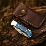 Handmade Damascus Steel Folding Knife | Blue Resin Handle