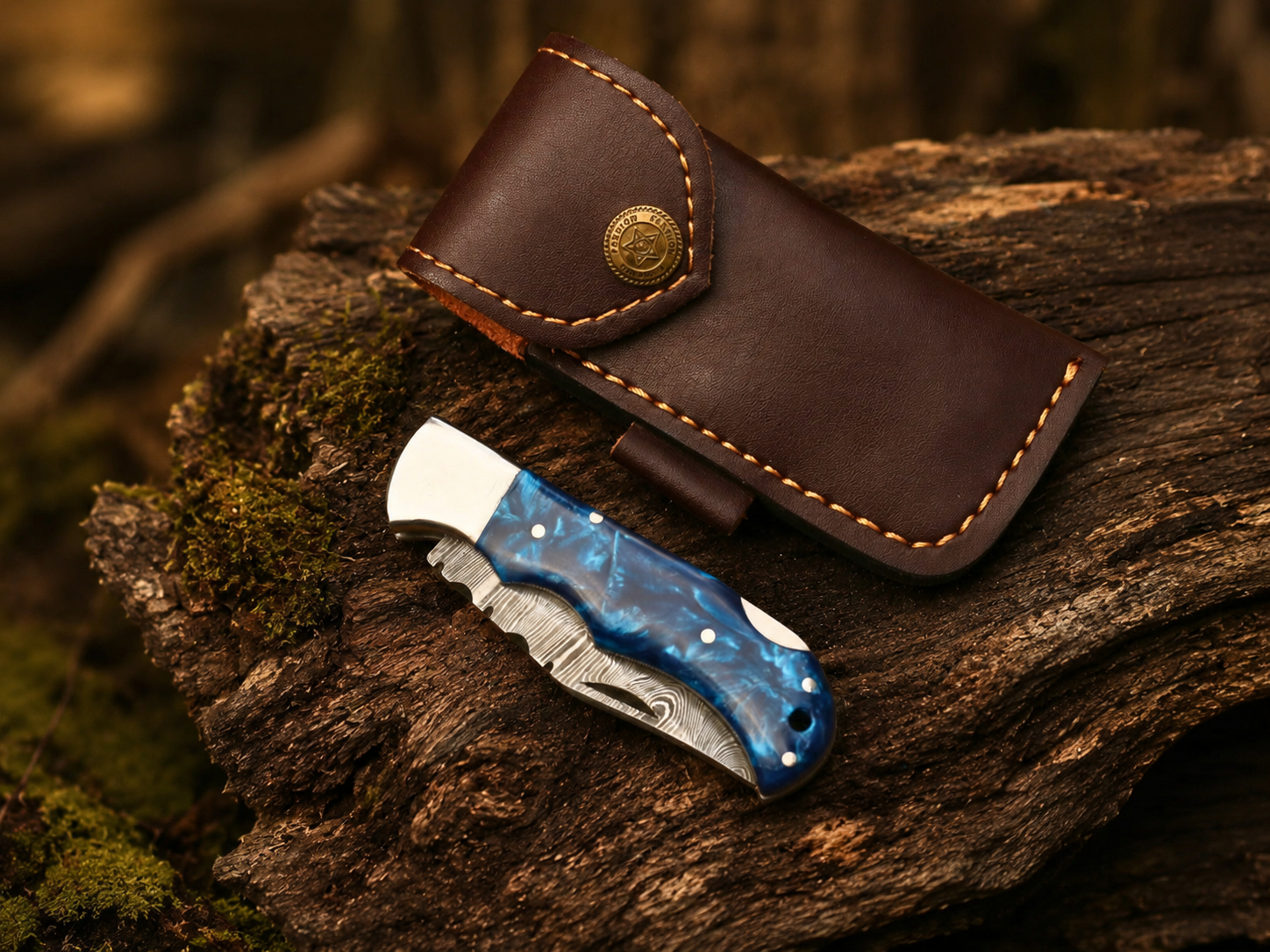 Handmade Damascus Steel Folding Knife | Blue Resin Handle