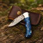Handmade Damascus Steel Folding Knife | Blue Resin Handle