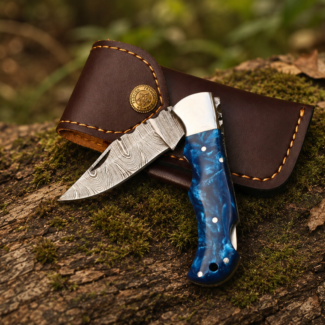 Handmade Damascus Steel Folding Knife | Blue Resin Handle
