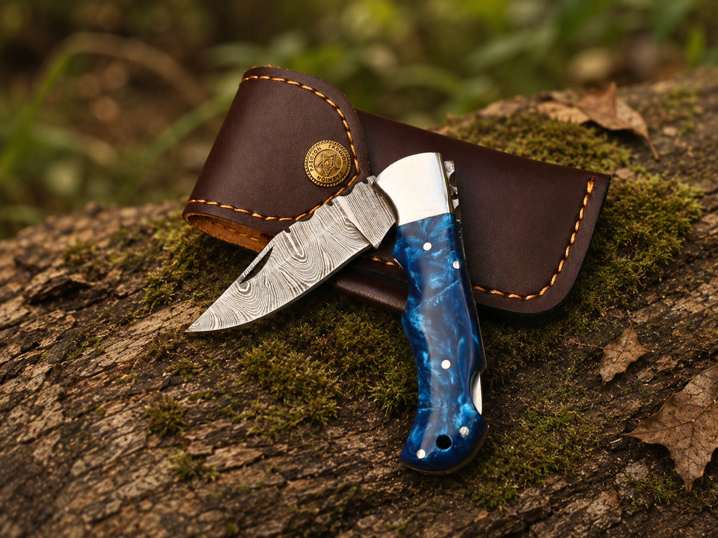 Handmade Damascus Steel Folding Knife | Blue Resin Handle