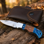 Handmade Damascus Steel Folding Knife with Blue & Walnut Wood Handle Leather Sheath Included
