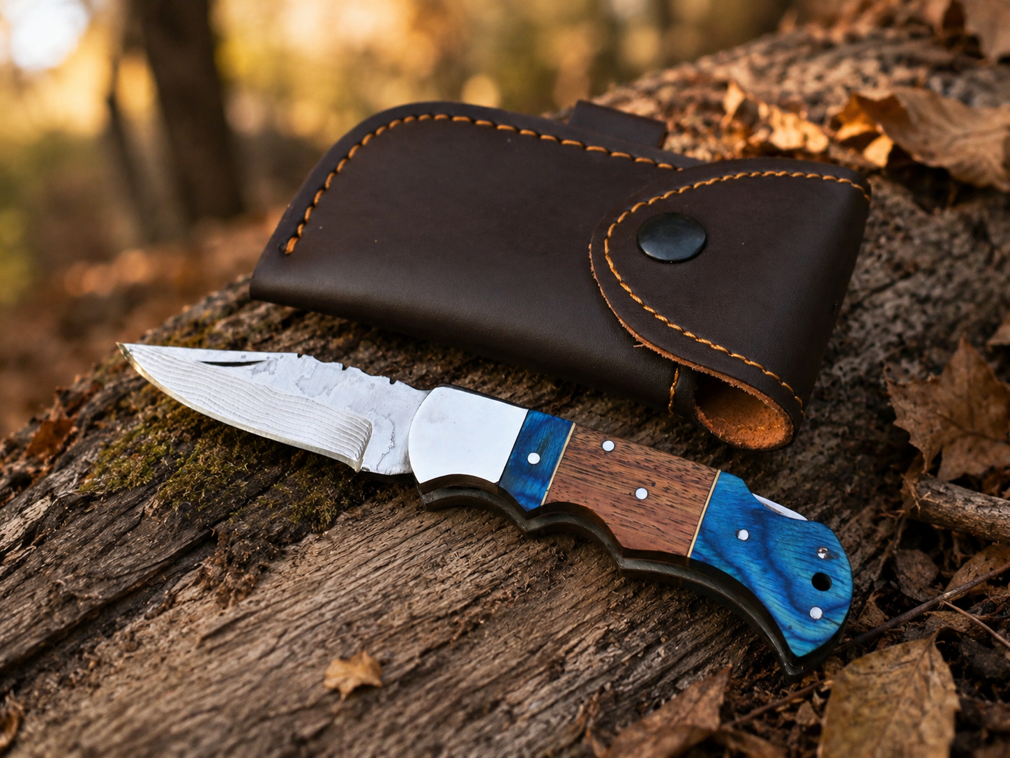 Handmade Damascus Steel Folding Knife with Blue & Walnut Wood Handle Leather Sheath Included
