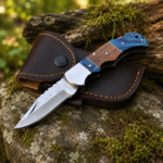 Handmade Damascus Steel Folding Knife with Blue & Walnut Wood Handle Leather Sheath Included