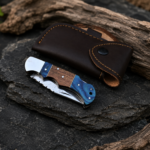 Handmade Damascus Steel Folding Knife with Blue & Walnut Wood Handle Leather Sheath Included