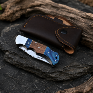 Handmade Damascus Steel Folding Knife with Blue & Walnut Wood Handle Leather Sheath Included