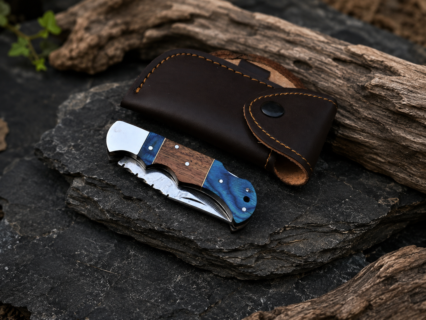 Handmade Damascus Steel Folding Knife with Blue & Walnut Wood Handle Leather Sheath Included