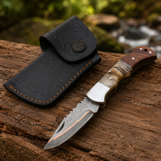 Handmade Damascus Steel Folding Knife with Ram Horn & Rosewood Handle Leather Sheath Included