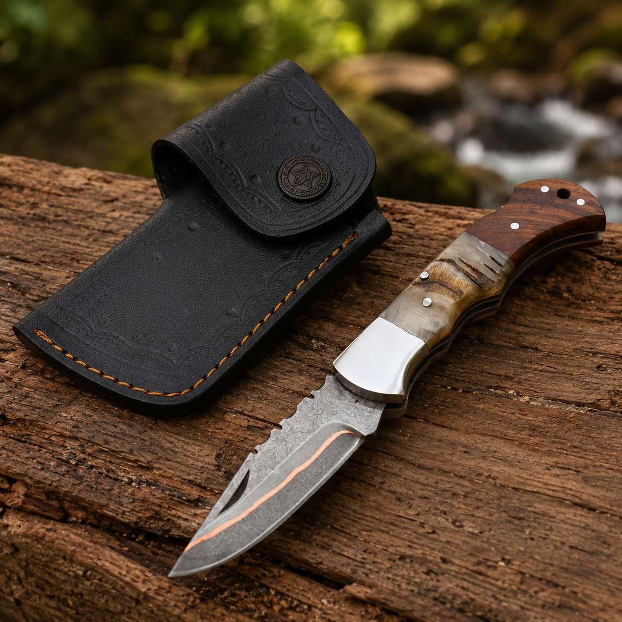 Handmade Damascus Steel Folding Knife with Ram Horn & Rosewood Handle Leather Sheath Included