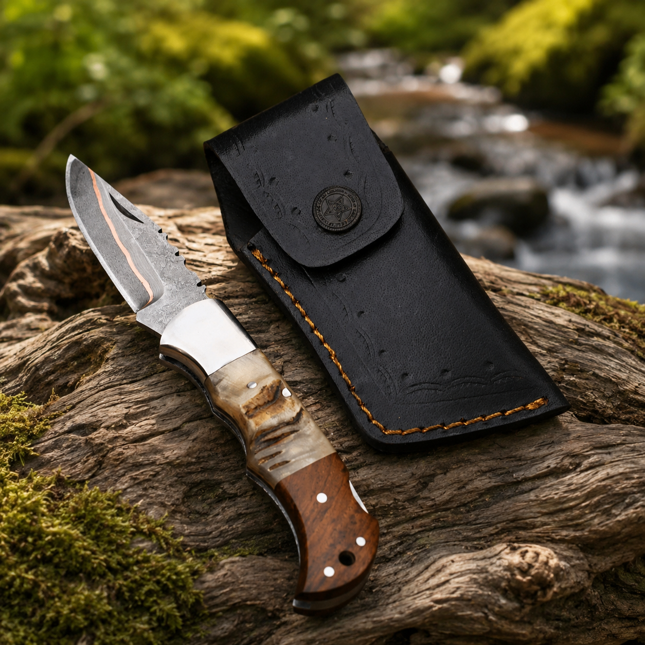 Handmade Damascus Steel Folding Knife with Ram Horn & Rosewood Handle Leather Sheath Included