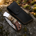 Handmade Damascus Steel Folding Knife with Ram Horn & Rosewood Handle Leather Sheath Included