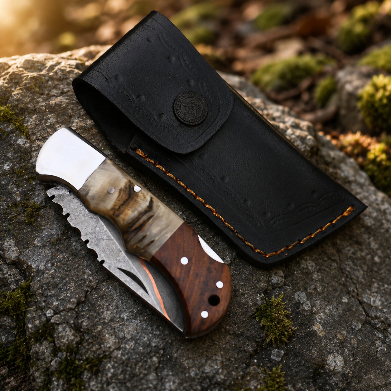 Handmade Damascus Steel Folding Knife with Ram Horn & Rosewood Handle Leather Sheath Included