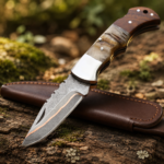 Handmade Damascus Steel Folding Knife with Ram Horn & Rosewood Handle Leather Sheath Included