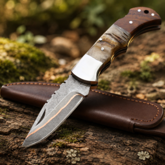 Handmade Damascus Steel Folding Knife with Ram Horn & Rosewood Handle Leather Sheath Included