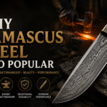 Premium handmade Damascus steel knife showcasing its distinctive layered pattern and craftsmanship.