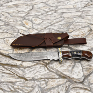 Handmade Damascus style hunting knife with wood handle and leather sheath