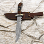 Handmade Damascus style hunting knife with wood handle and leather sheath