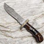 Handmade Damascus style hunting knife with wood handle and leather sheath
