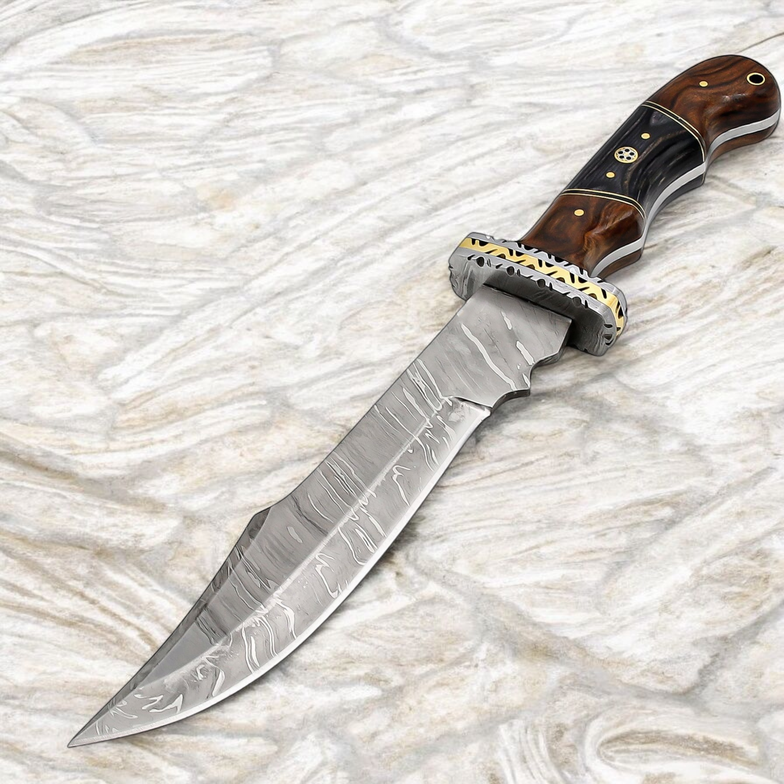 Handmade Damascus Style Hunting Knife (4) Handmade Damascus style hunting knife with wood handle and leather sheath