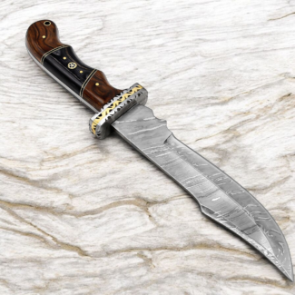 Handmade Damascus style hunting knife with wood handle and leather sheath