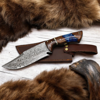Handmade Damascus Style Knife | Blue Resin Wood Handle