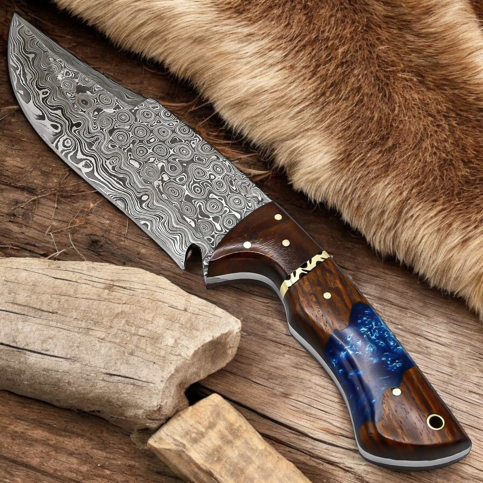 Handmade Damascus Style Knife | Blue Resin Wood Handle
