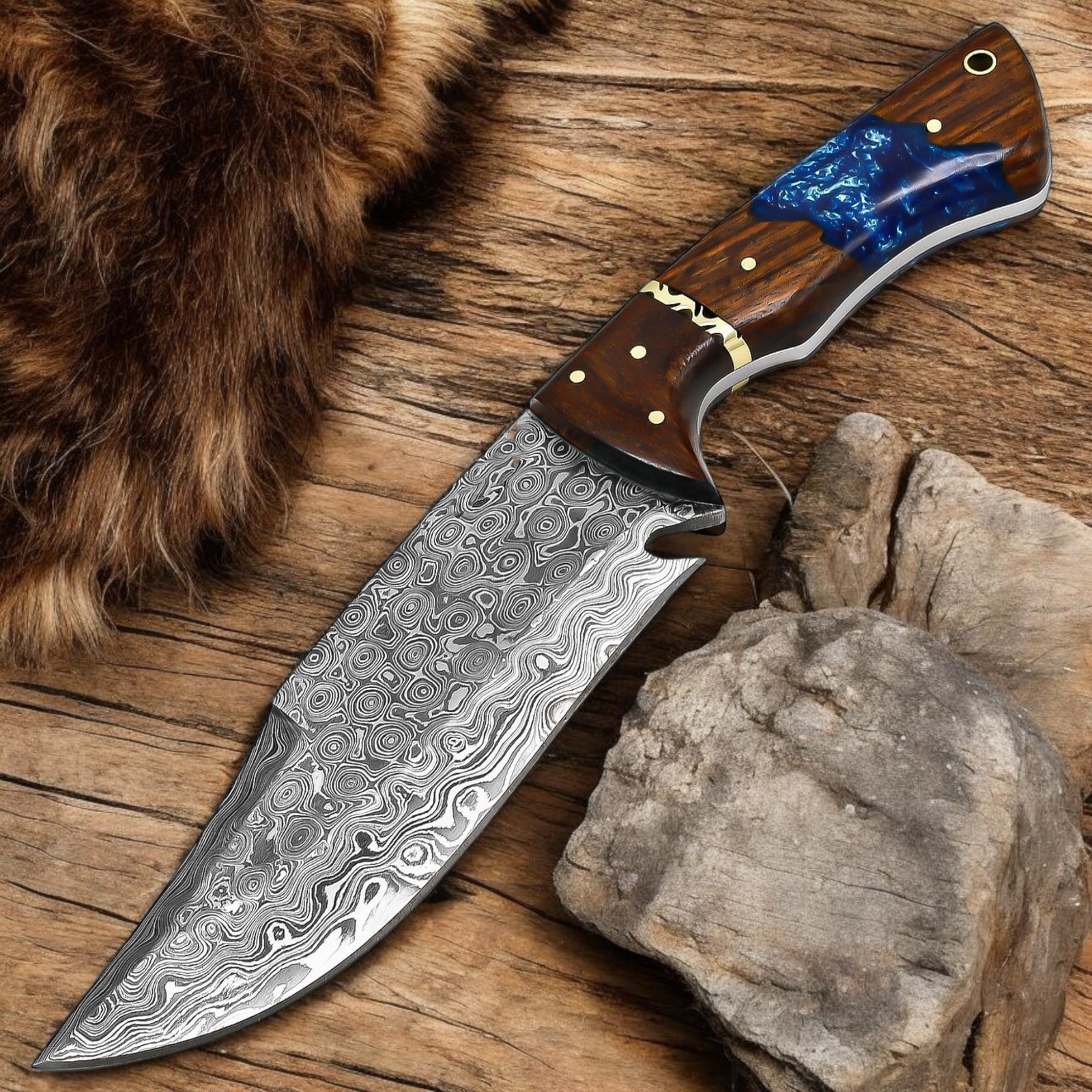 Handmade Damascus Style Knife | Blue Resin Wood Handle