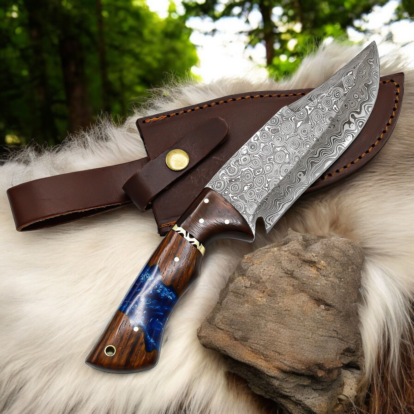 Handmade Damascus Style Knife | Blue Resin Wood Handle