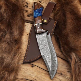 Handmade Damascus Style Knife | Blue Resin Wood Handle