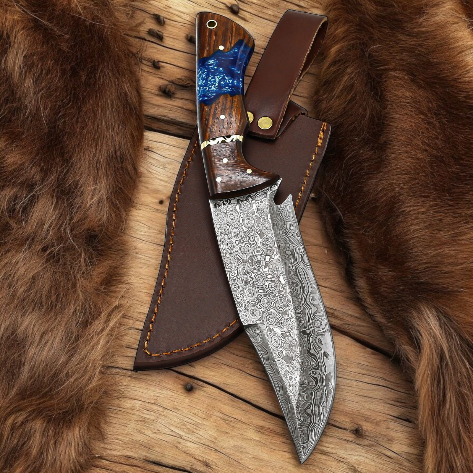 Handmade Damascus Style Knife | Blue Resin Wood Handle