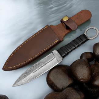 Handmade throwing knife with black wrapped handle and leather sheath