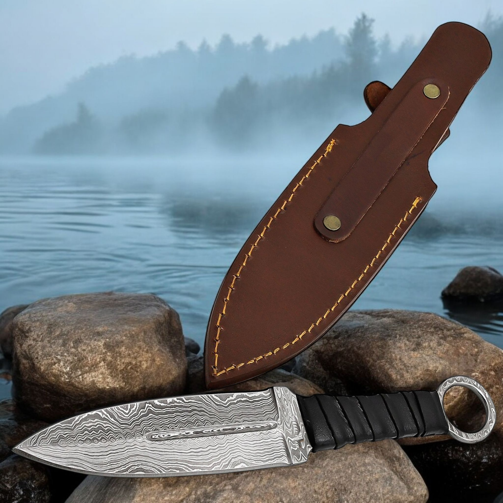 Handmade throwing knife with black wrapped handle and leather sheath