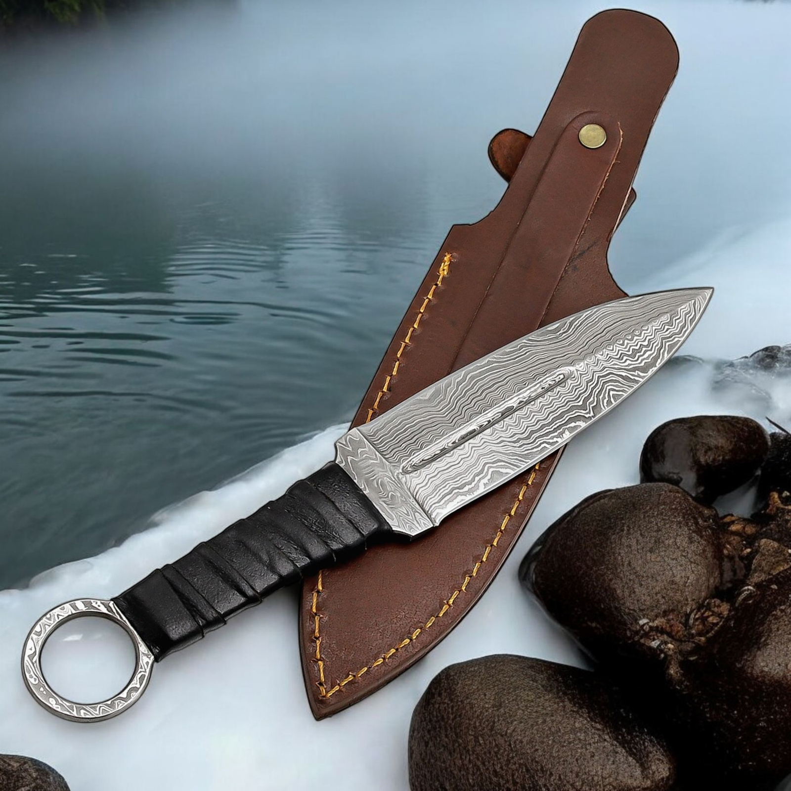 Handmade throwing knife with black wrapped handle and leather sheath