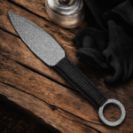 Handmade throwing knife with black wrapped handle and leather sheath