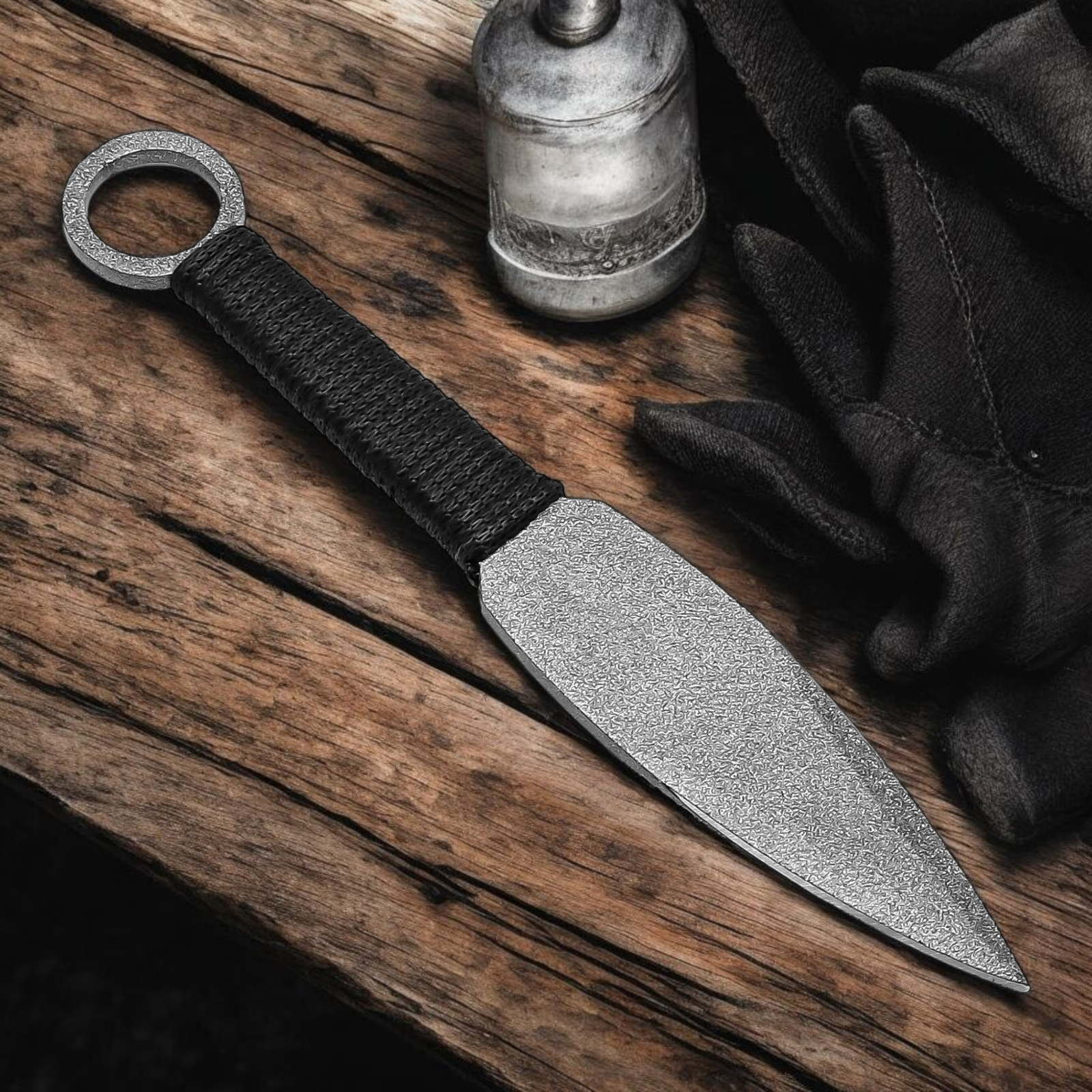Handmade throwing knife with black wrapped handle and leather sheath