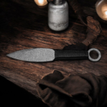 Handmade throwing knife with black wrapped handle and leather sheath