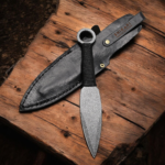 Handmade throwing knife with black wrapped handle and leather sheath