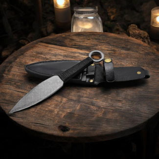 Handmade throwing knife with black wrapped handle and leather sheath