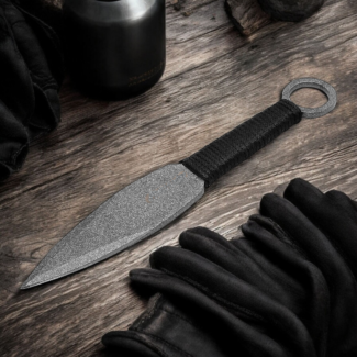 Handmade throwing knife with black wrapped handle and leather sheath